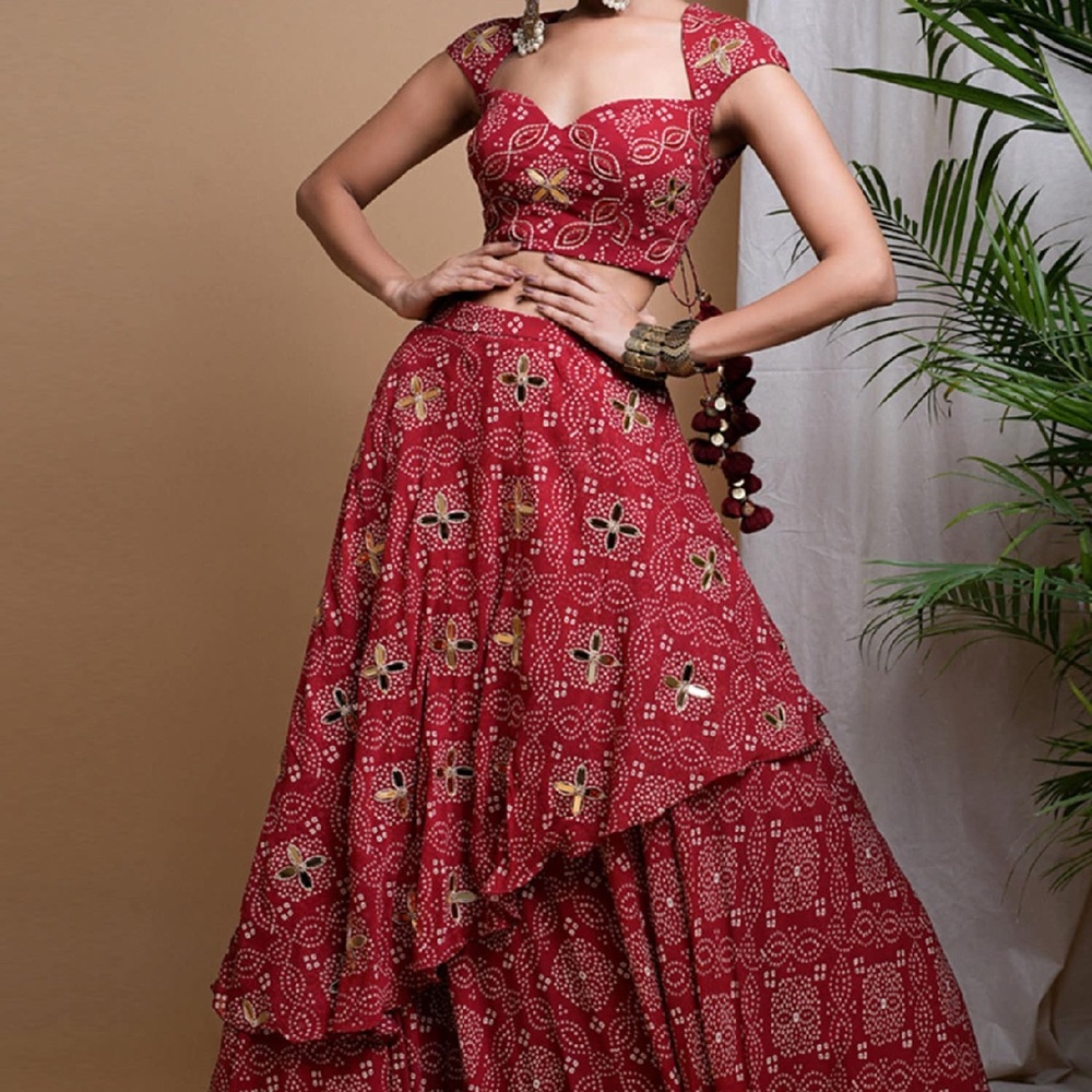 Ahi Clothing Red Bandhej Mirror Lehenga